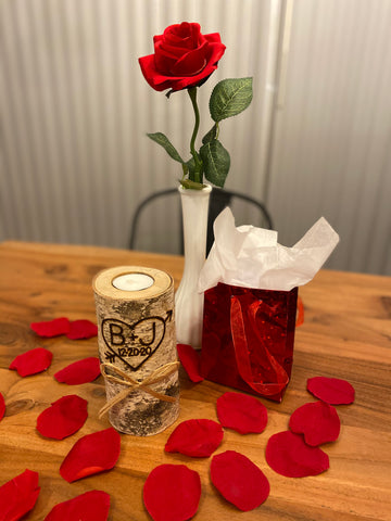 birch candle valentine's day with rose and gift bag