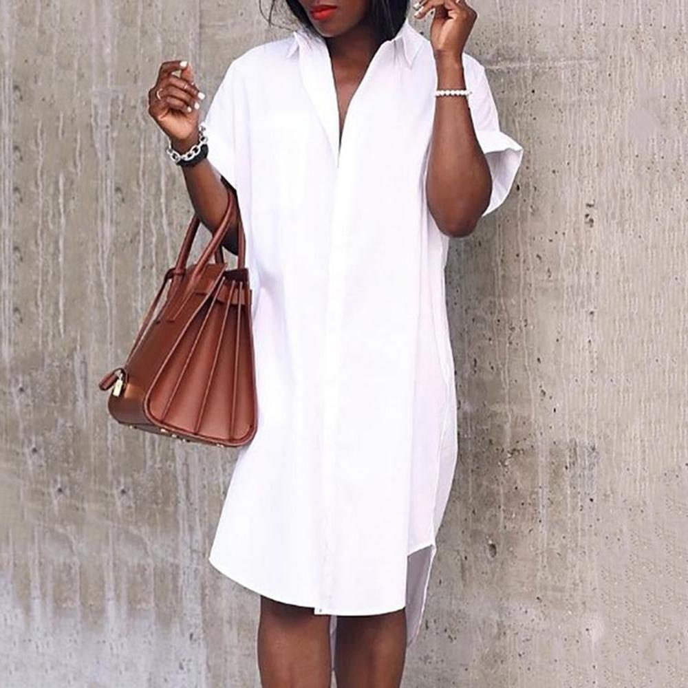 Basic Plain Short Sleeve Shirt Midi Dress-White-S-