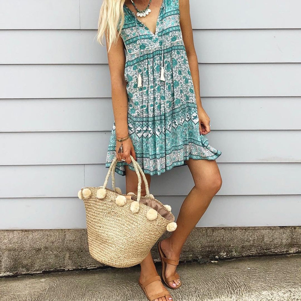 Boho Printed V-Neck Sleeveless Loose Vacation Dress-Green-S-