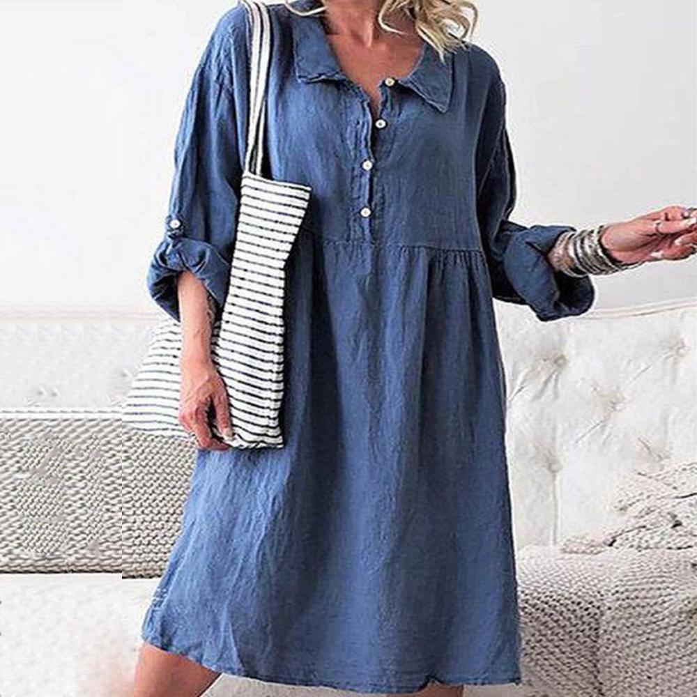 Casual Blue Lapel Long Sleeve Loose Midi Dress-Blue-S-