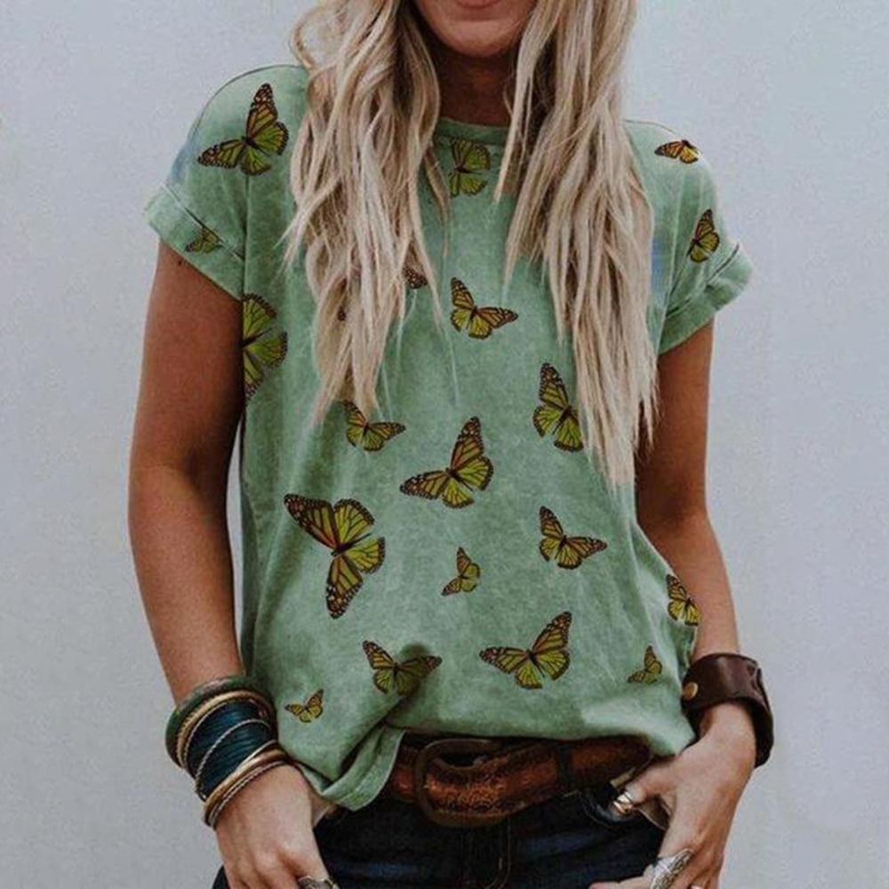 Chic Butterfly Printed Round Neck T-Shirt-Green-S-