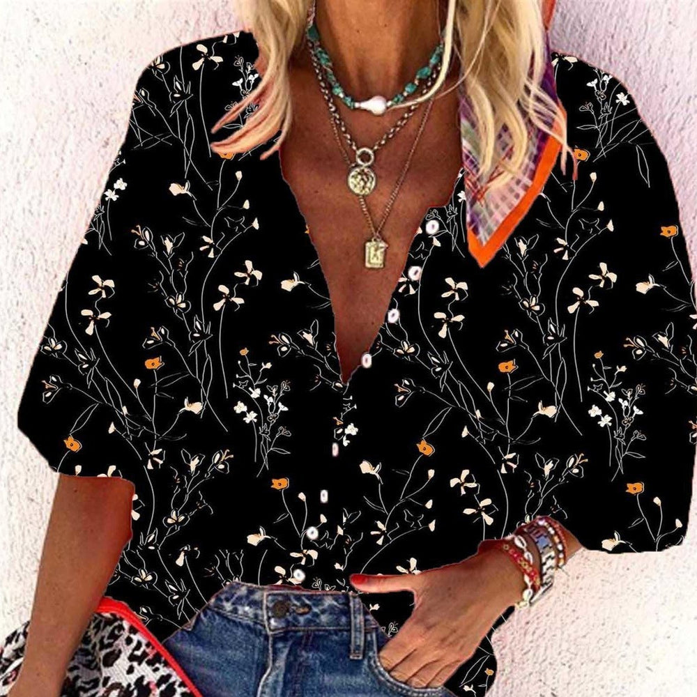 Classic Black V-Neck 3/4 Sleeve Loose Printed Blouse-Black-S-