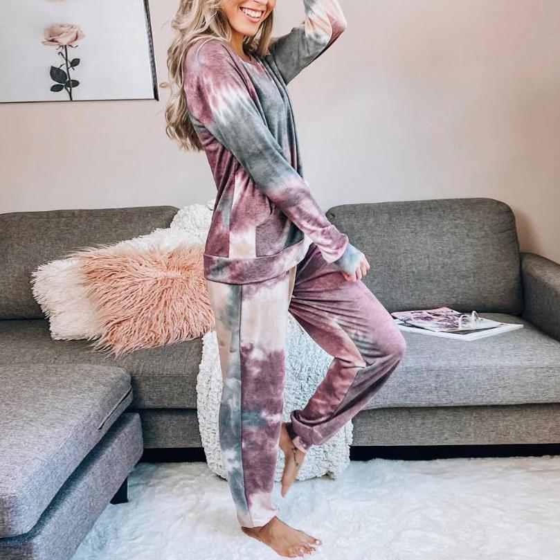 Comfy Tie Dye Print Long Sleeve Lounge Set-Purple-S-