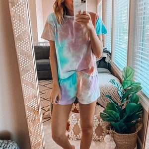 Comfy Tie Dye Round Neck Short Sleeve Pajama Set-Blue-S-