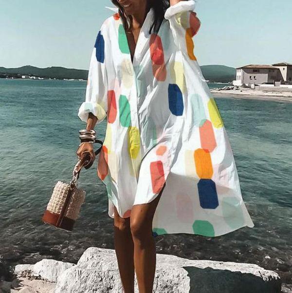 Cute Print Long Sleeve High Low Shirtdress-White-S-