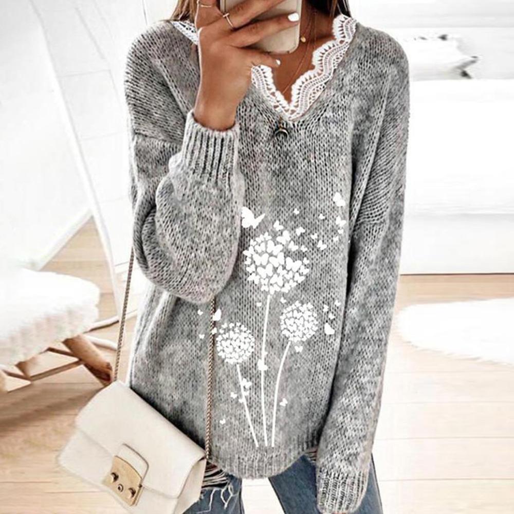 Distinctive Dandelion Print Lace V-Neck Long Sleeve Sweater-Grey-S-