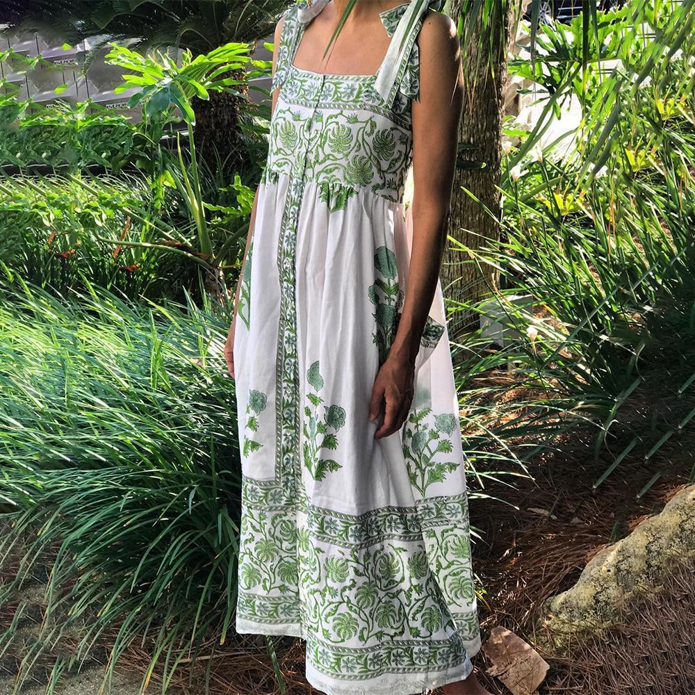 Fashion Simple Sling Printed Maxi Dress-Green-S-