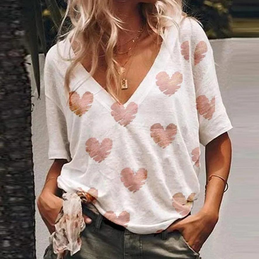 Fashion V-Neck Short Sleeve Loose Printed T-Shirt-WHITE-S-