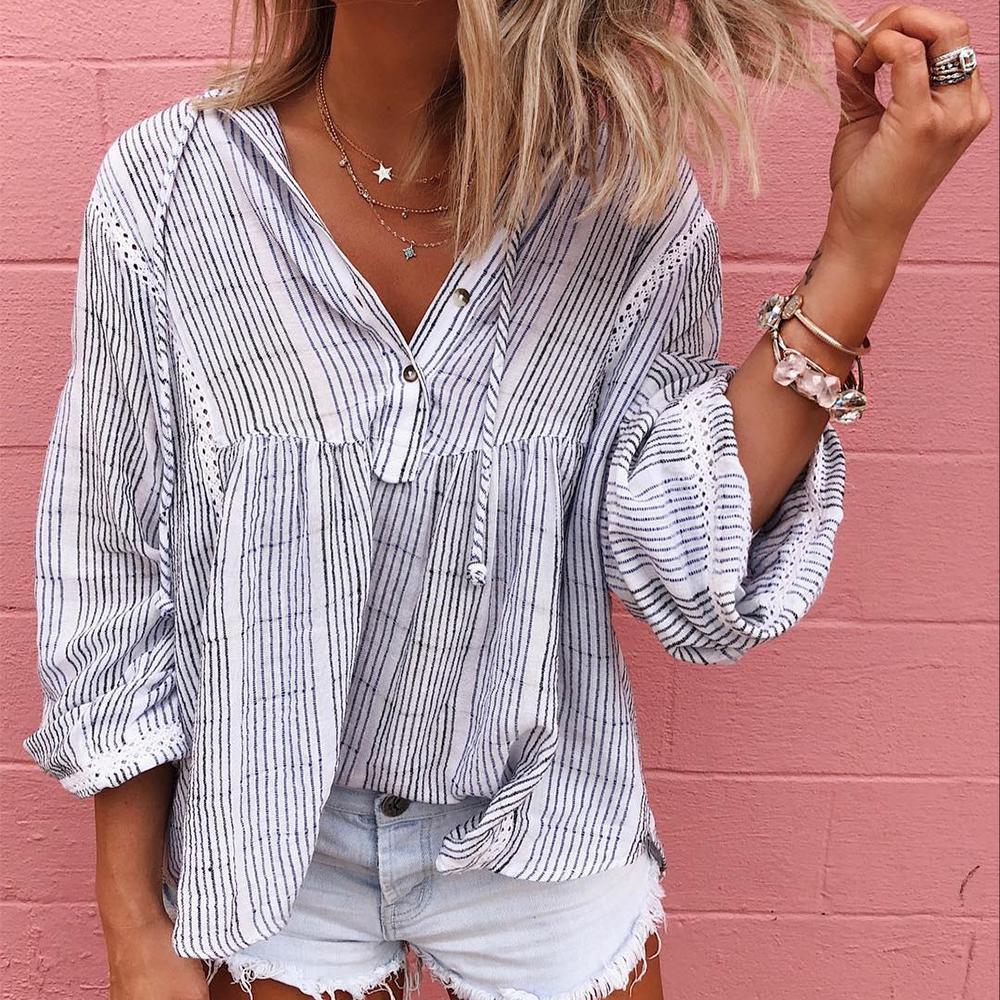 Latest Striped Long Sleeve Shirt-White-S-