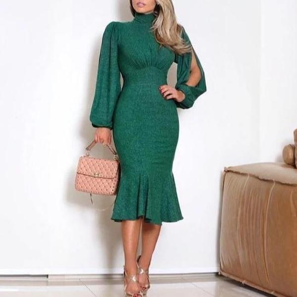 Mermaid Turtleneck Long Sleeve Bodycon Dress-GREEN-S-