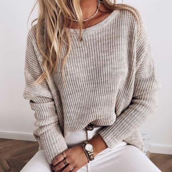 Modest Round Neck Long Sleeve Plain Sweater-Apricot-S-