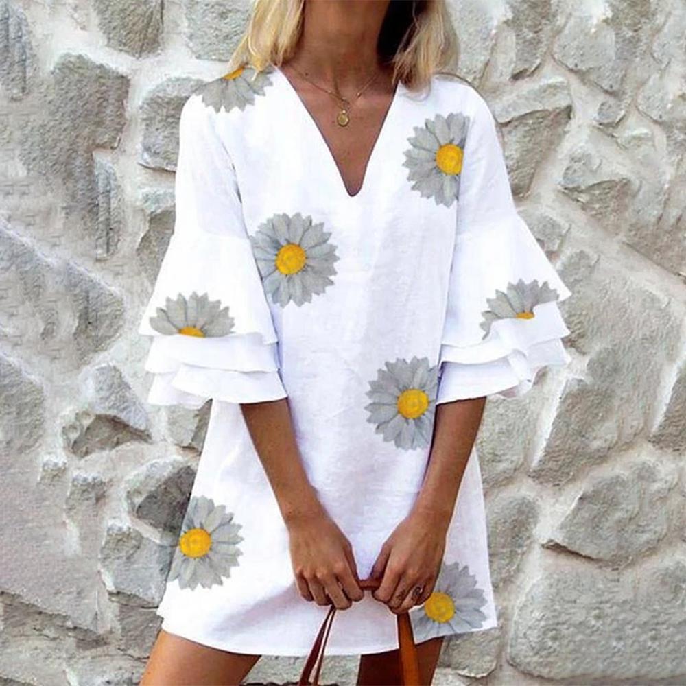 New Floral Print Tiered Sleeve Mini Dress-White-S-