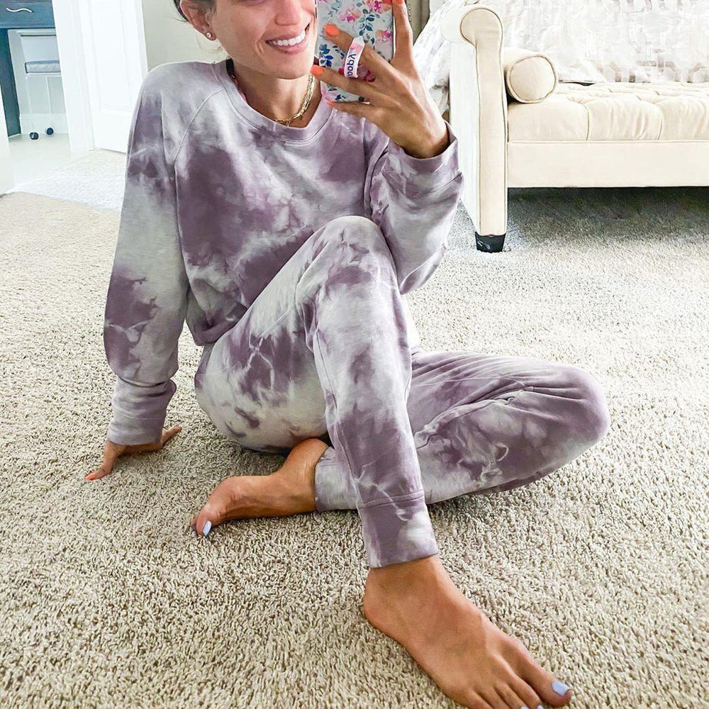 Purple Tie Dye Sweatshirt And Lounge Jogger Pants Set-Purple-S-