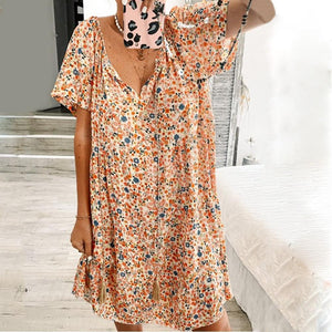 Simple Loose Print Short Sleeve Knee-Length Dress-Multicolor-S-