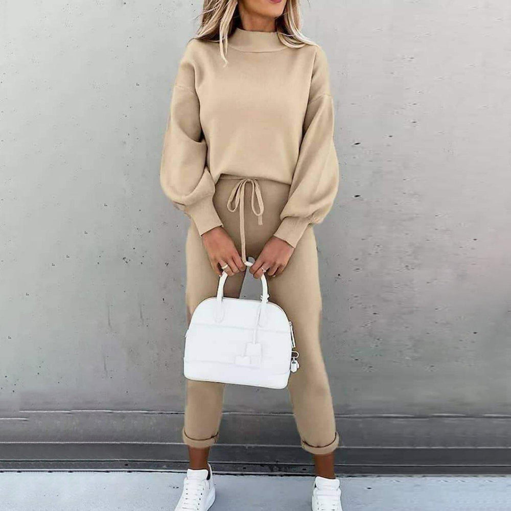 Simple Plain Long Puff Sleeve Two Piece Set-Apricot-S-