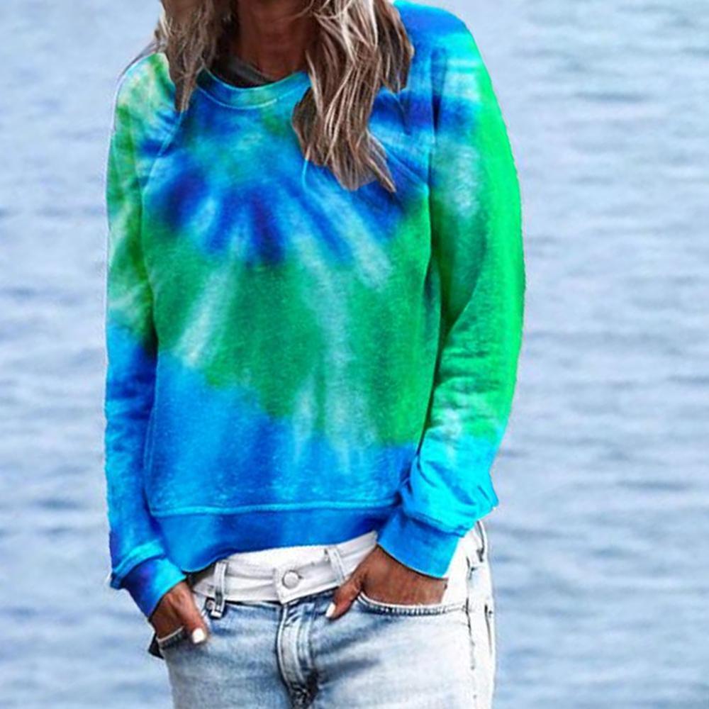 Simple Tie-Dye Round Neck Sweatshirt-Blue-S-