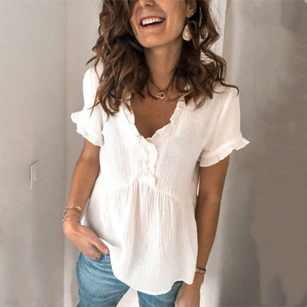 Simple V-Neck Solid Color Short Sleeve Blouse-White-S-