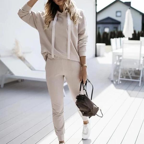 Sporty Plain Long Sleeve Hoodie Two Piece Set-Apricot-S-