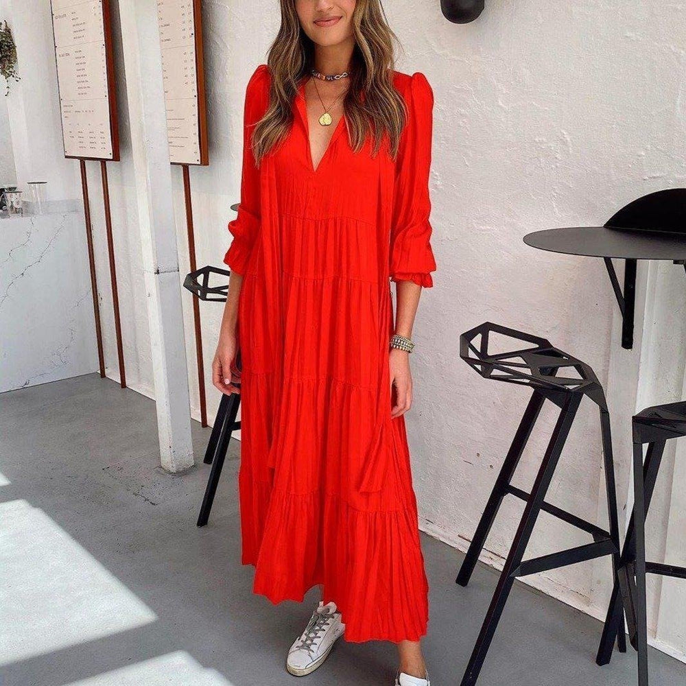 Stunning Plain Long Sleeve Midi Dress-Red-S-