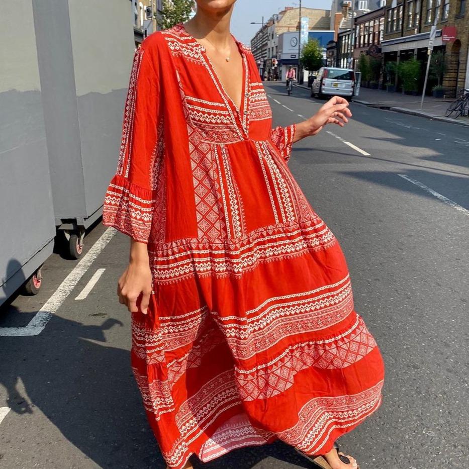 Stunning V-Neck Long-Sleeved Maxi Dress-Red-S-