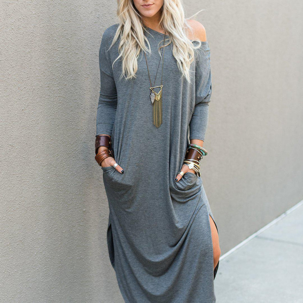 Stylish Plain Long Sleeve Maxi Dress-Grey-S-