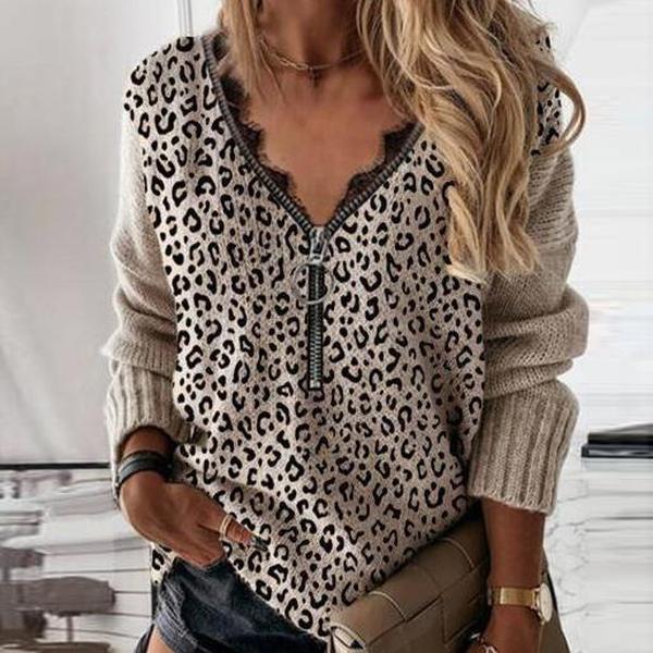 Stylish V-Neck Long Sleeve Printed Sweater-Khaki-S-
