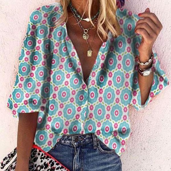 V-Neck Cute Print 3/4 Sleeve Top-Blue-S-