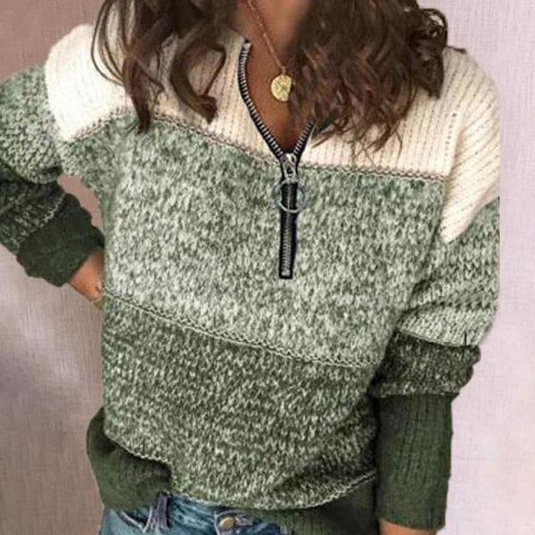 Youthful Zipper Color Block Sweater-Green-S-