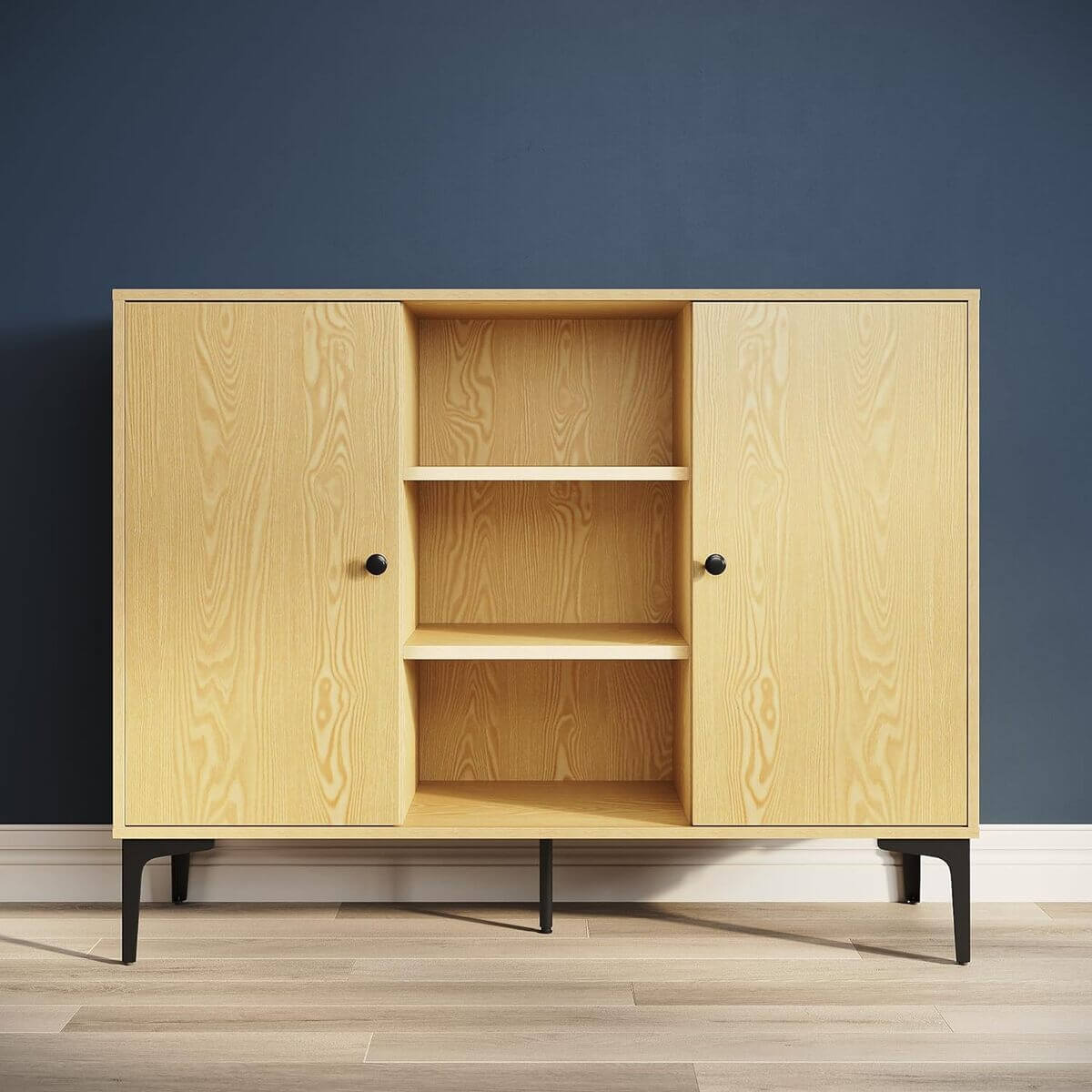 SONNI Sideboard, Küchenschrank, Aufbewahrungsschrank mit 2 Tür, 3 offene Regal, Bauernhaus-Kaffeebarschrank, Mehrzwecksc