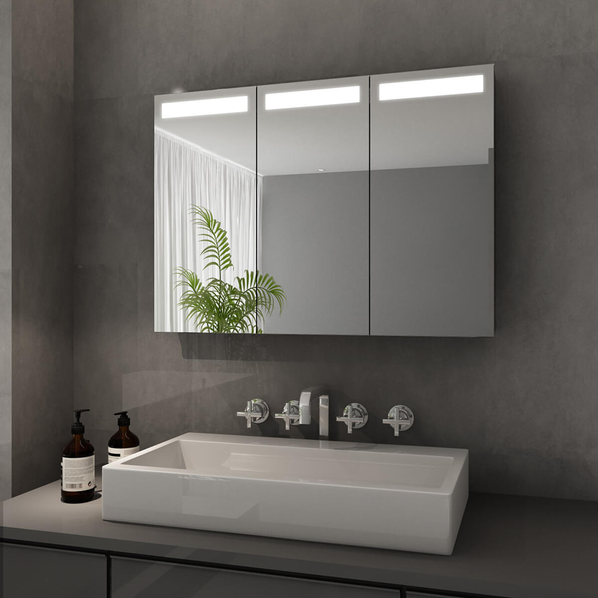 SONNI Bathroom Mirror Cabinet with Lighting, 3-Door Stainless Steel LED Mirror Cabinet 90 x 65 x 13 cm