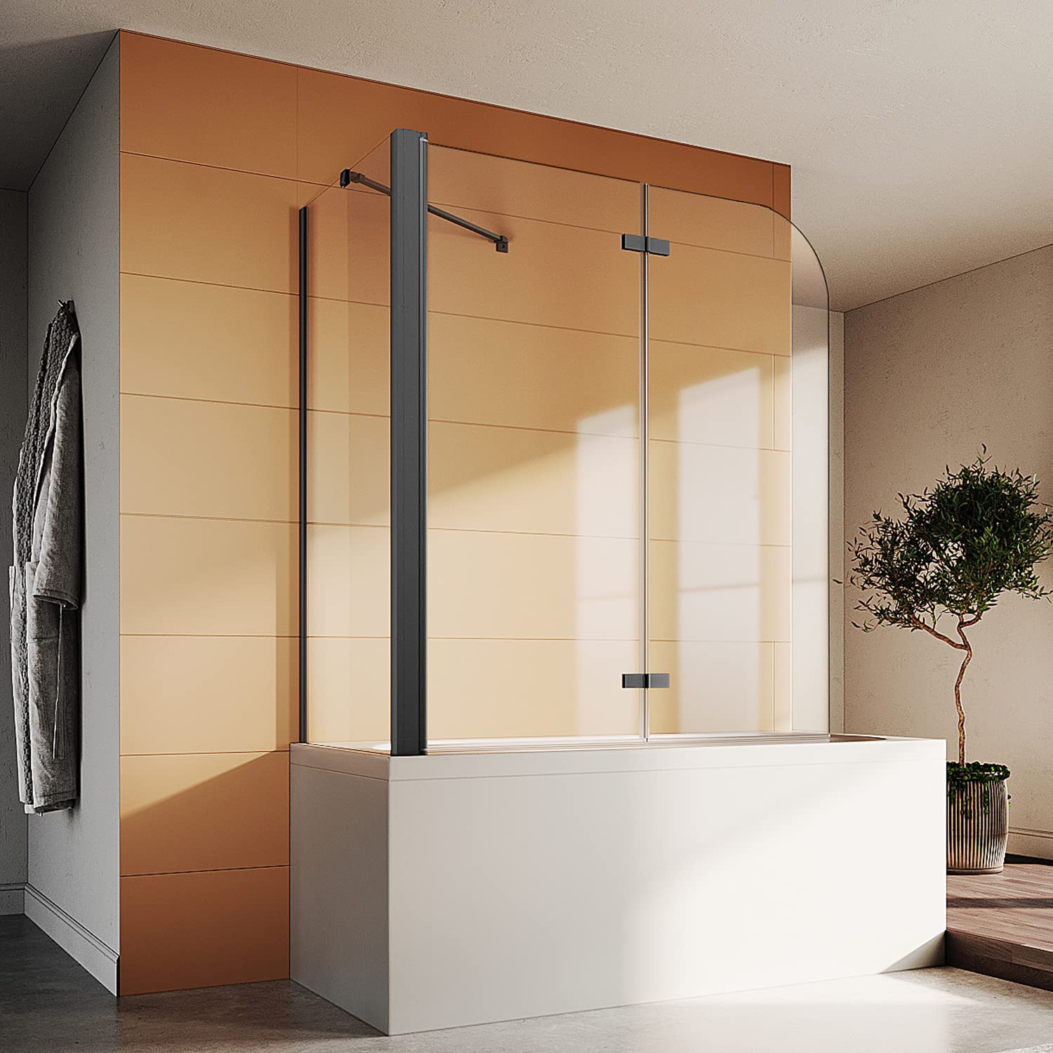Image of SONNI Duschwand für Badewanne Schwarz mit Seitenwand NANO-GLAS Badewannenaufsatz 2-teilig faltbar 120x140 cm(BxH) Duschabtrennung Badewanne