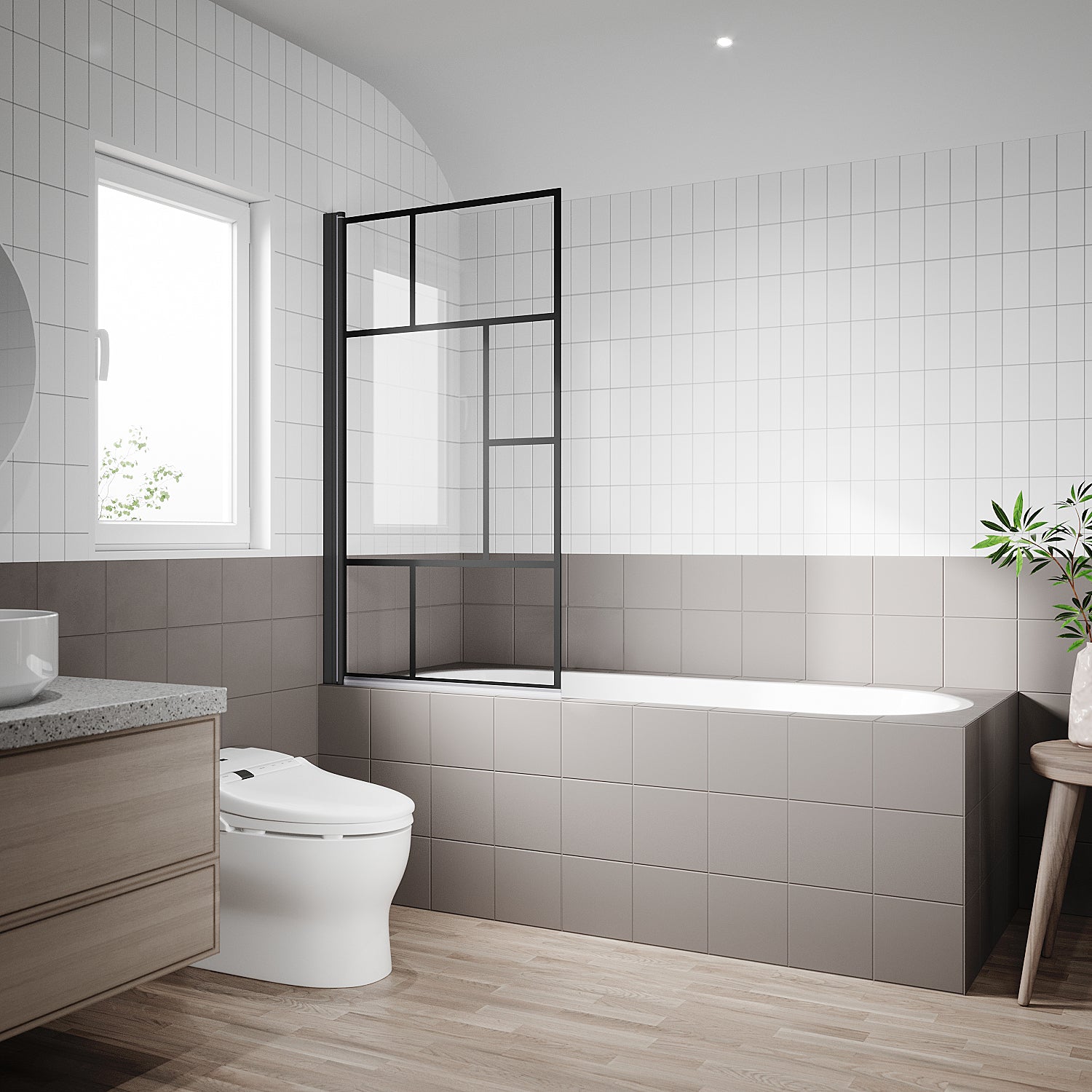 Image of SONNI Duschwand für Badewanne mit schwarzem Gitterdesign NANO-GLAS Badewannenaufsatz faltbar 80x140 cm(BxH) Duschabtrennung Badewanne