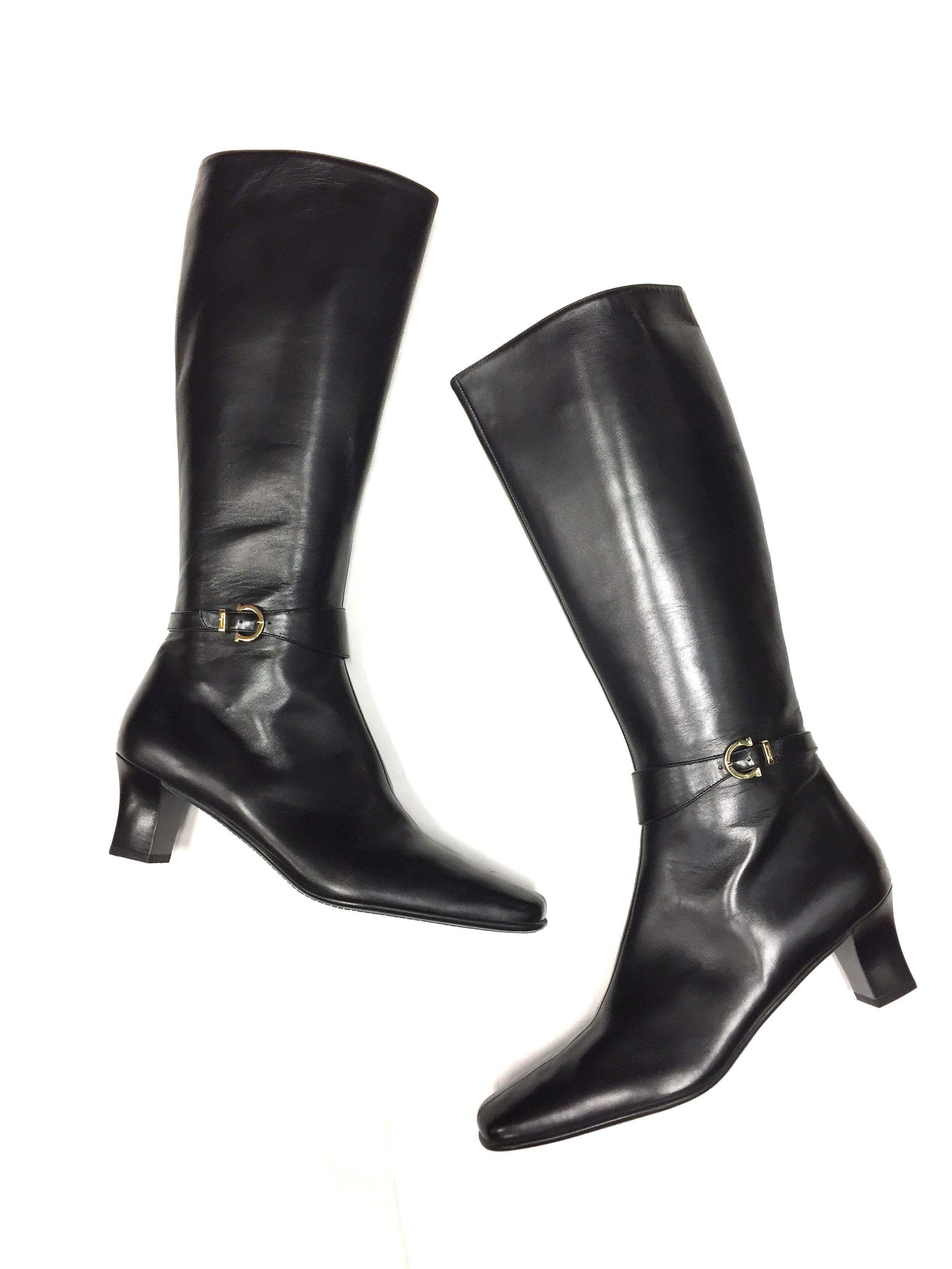 tall black leather boots with low heel