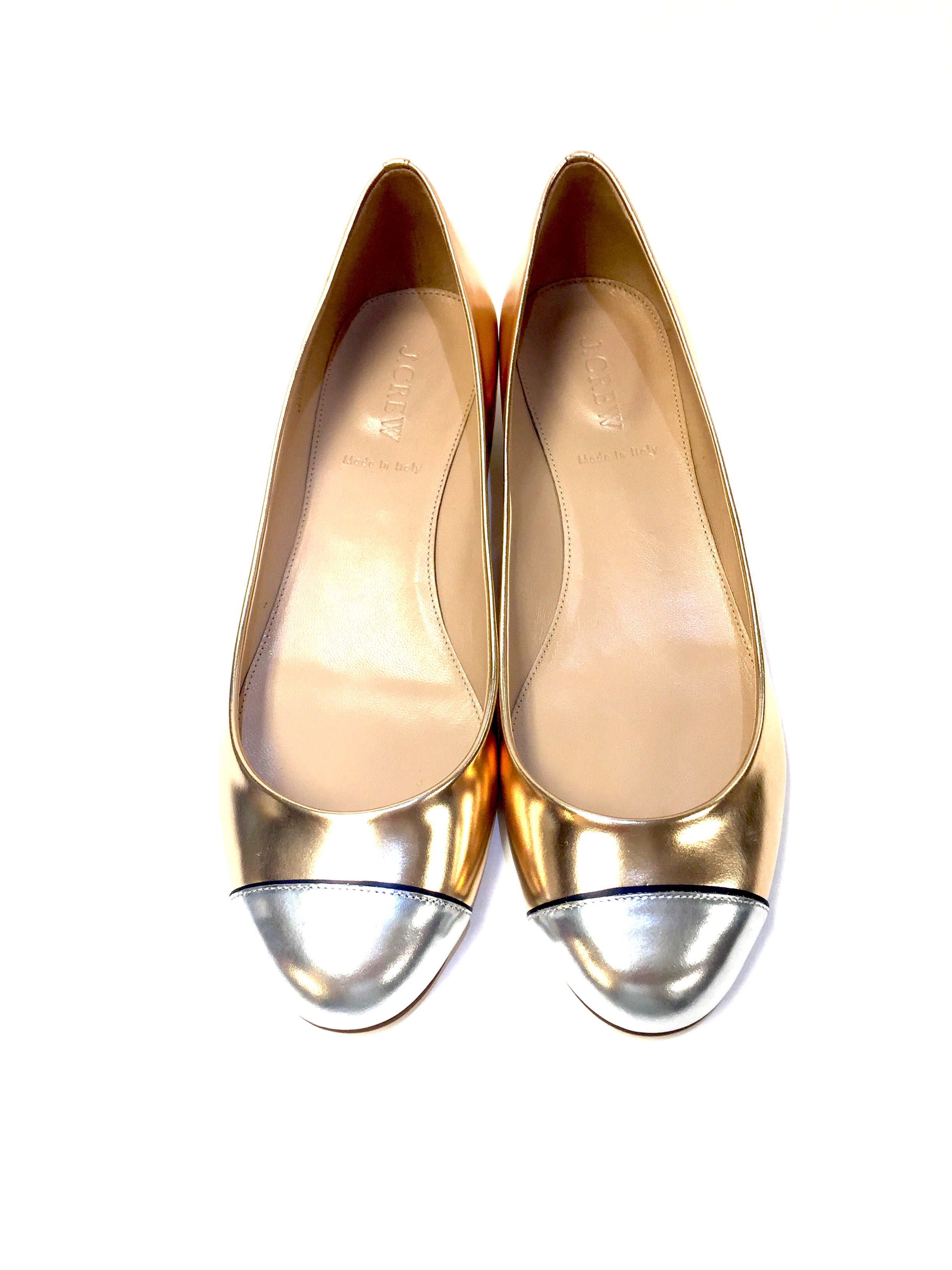 J. CREW New Gold Leather Silver Cap Toe 