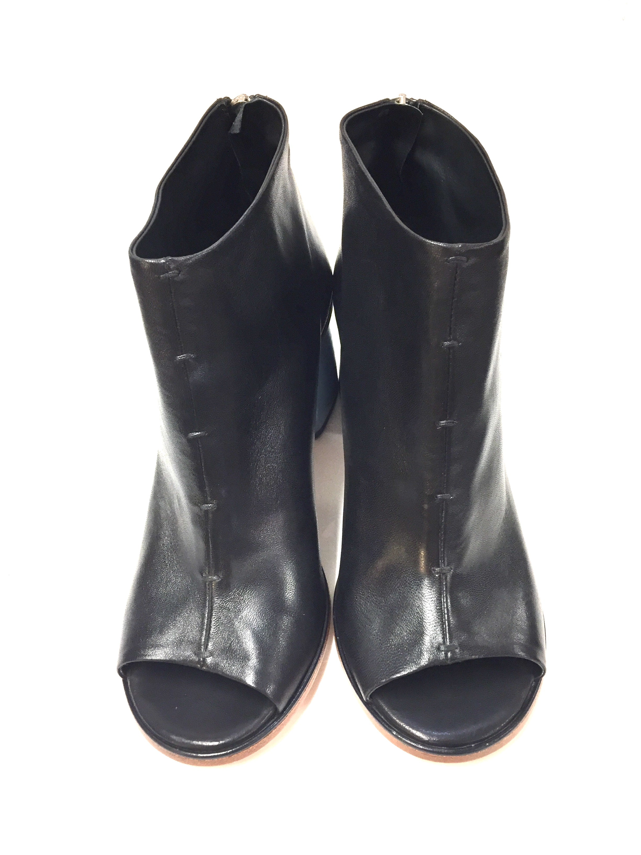 open toe black leather booties