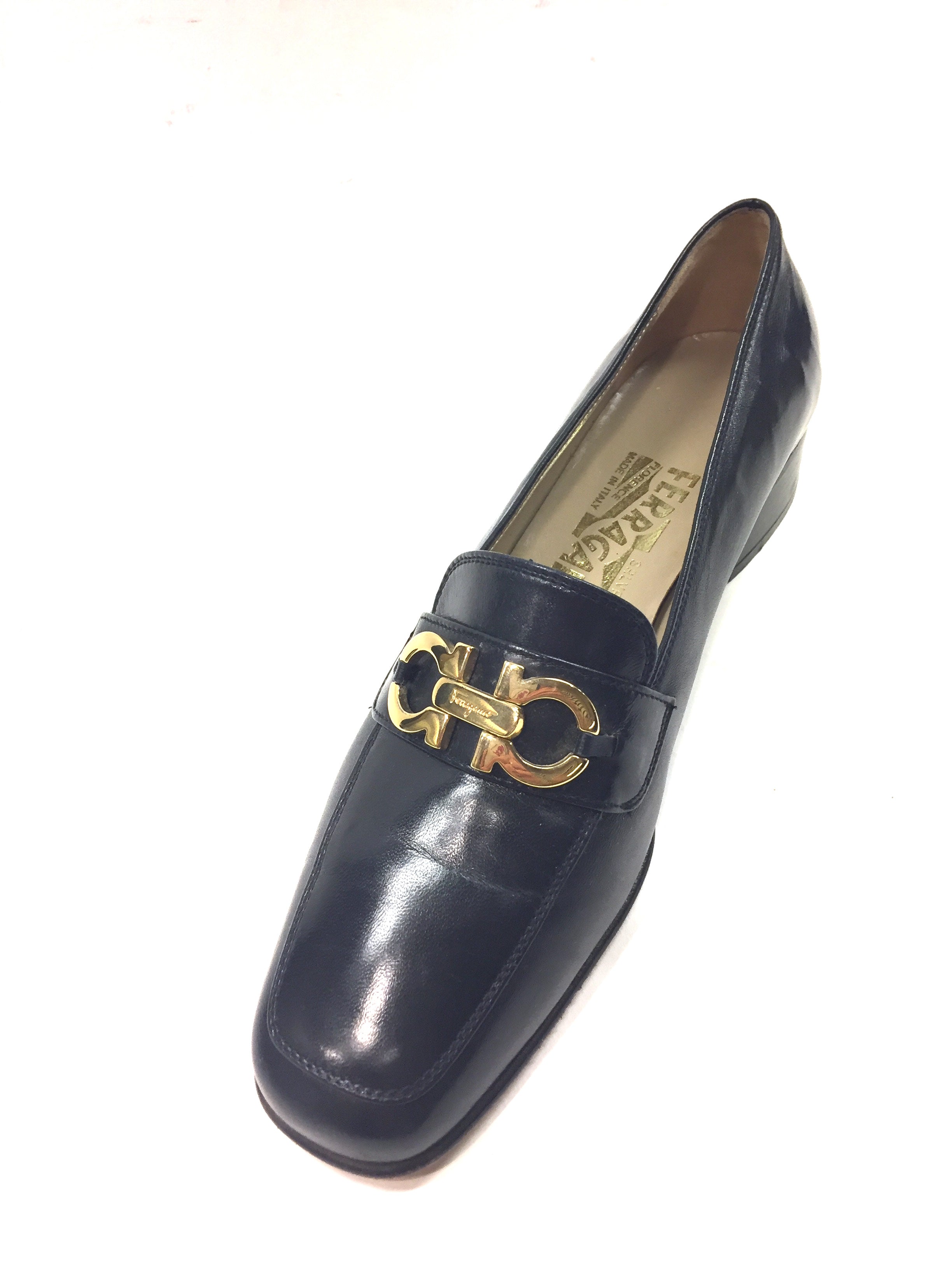 navy blue and gold loafers