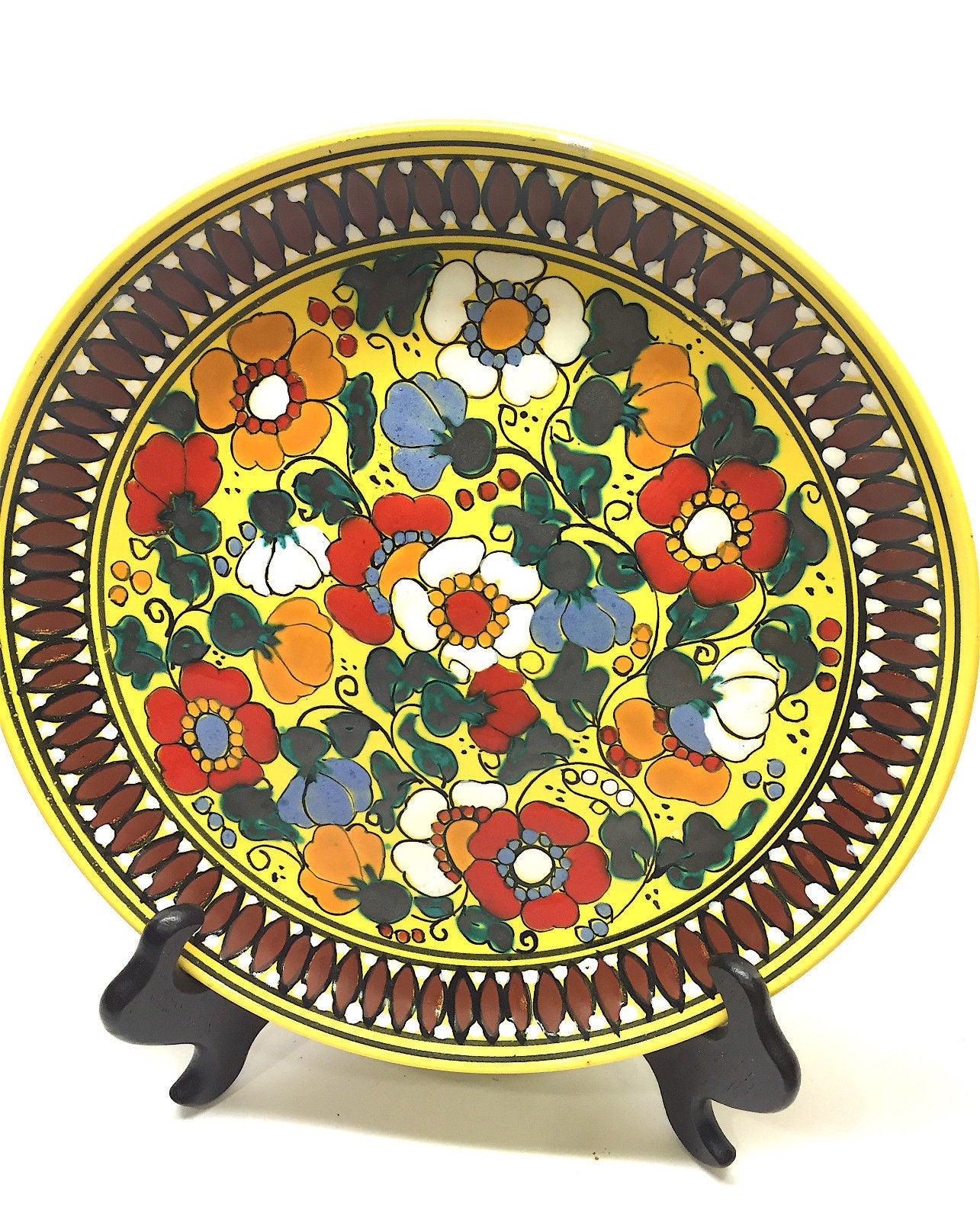 CERAMICA BARILOCHE Vintage Set of 2 Hand-Painted Floral-Motif Decorati - Bis Designer Resale