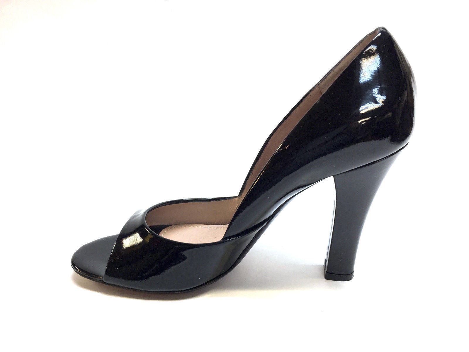 black patent open toe heels