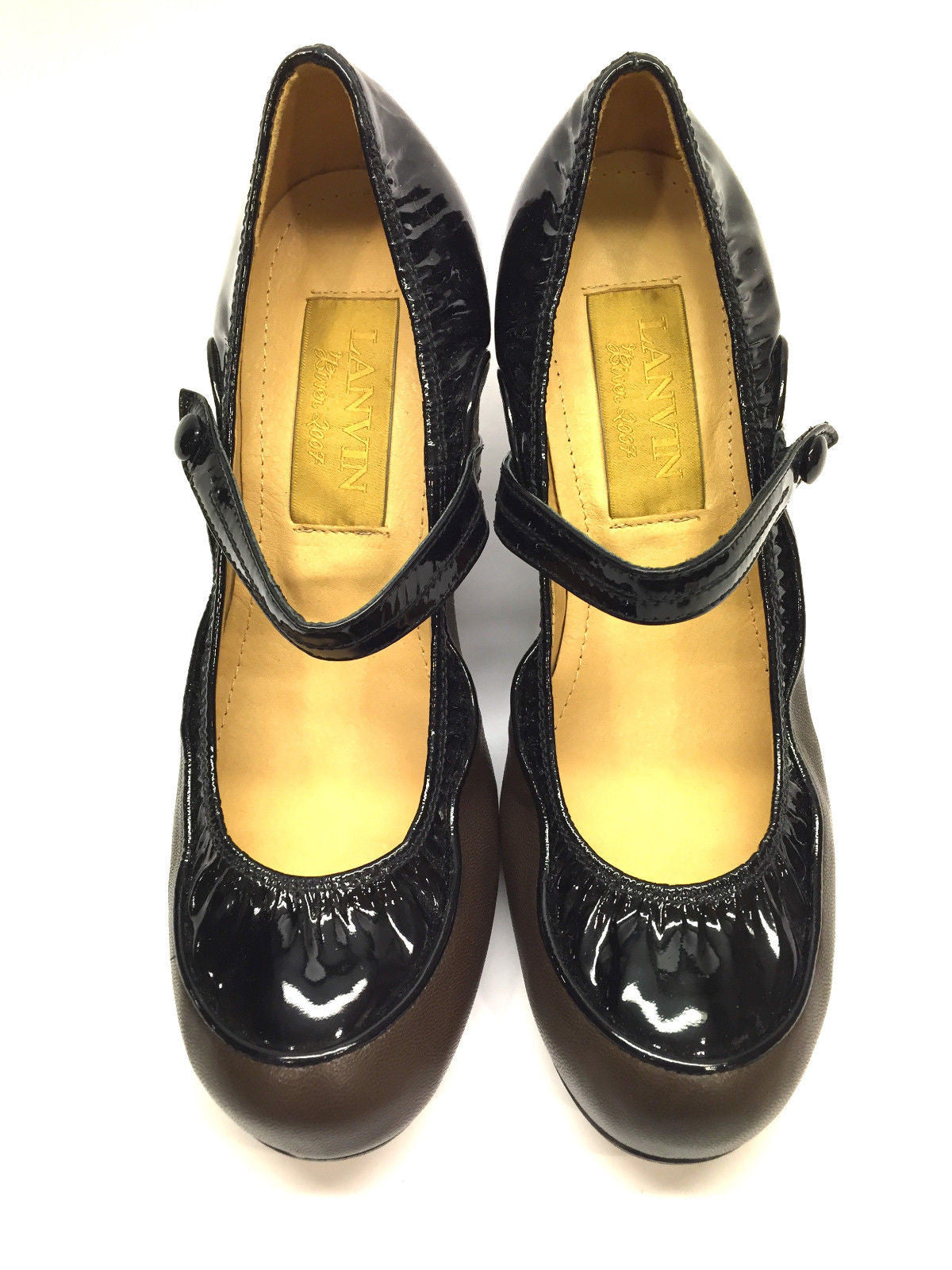 LANVIN Brown & Black Patent Leather Kitten-Heel Mary Jane Pumps Shoes ...