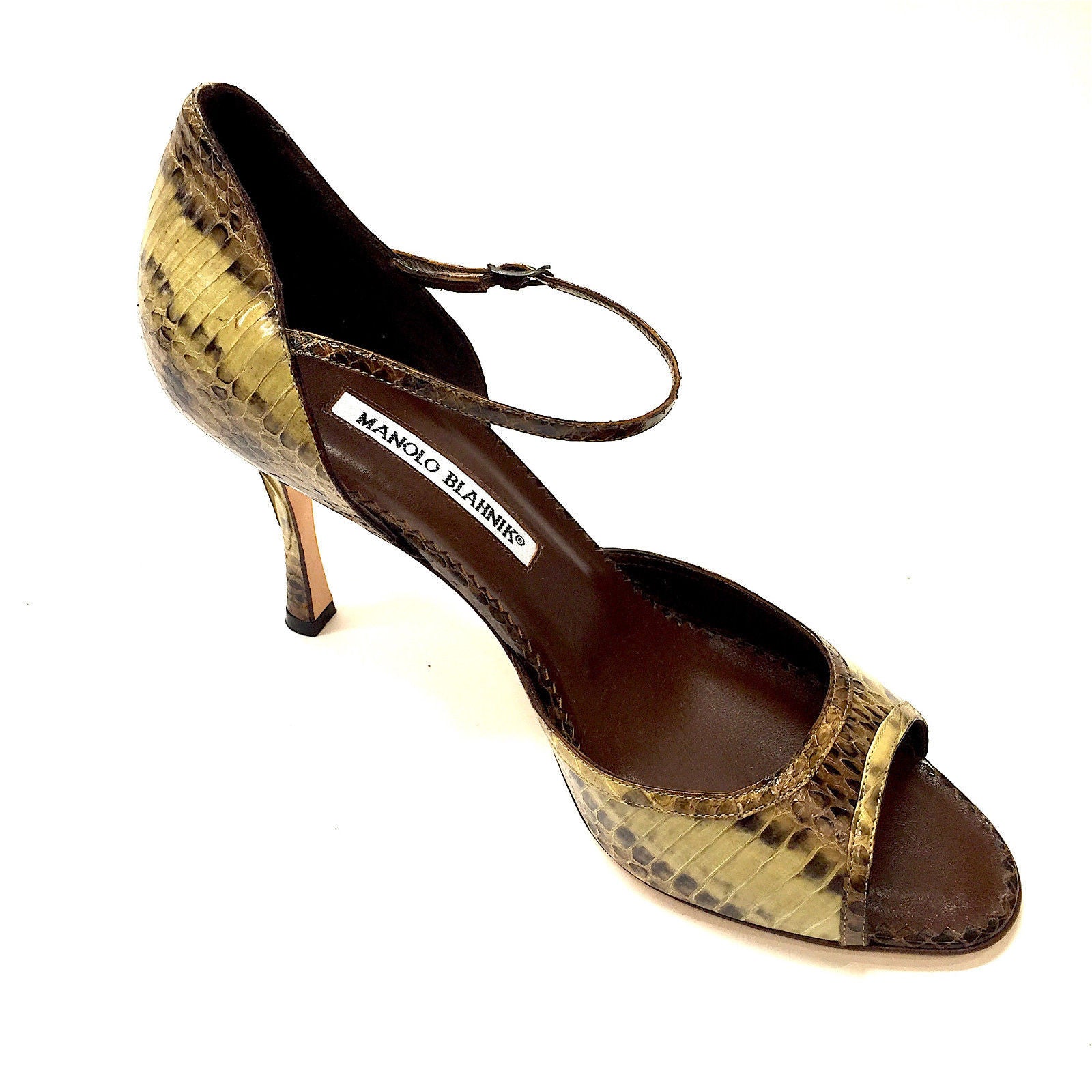 MANOLO BLAHNIK Brown/Olive Python Peep 