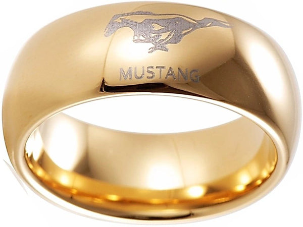 Ford Mustang Ring, Ford Mustang Logo Tungsten Ring, Gold 8mm Comfort Band