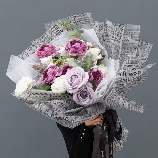 White with Pink Edge Rose Bouquet Wrapped With Black Paper