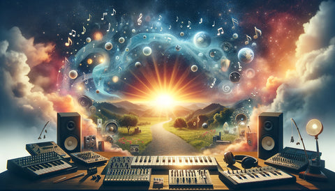 A thematic landscape representing the journey of elevating music production, featuring musical notes, a sunrise, and essential production equipment against a backdrop of creativity and innovation
