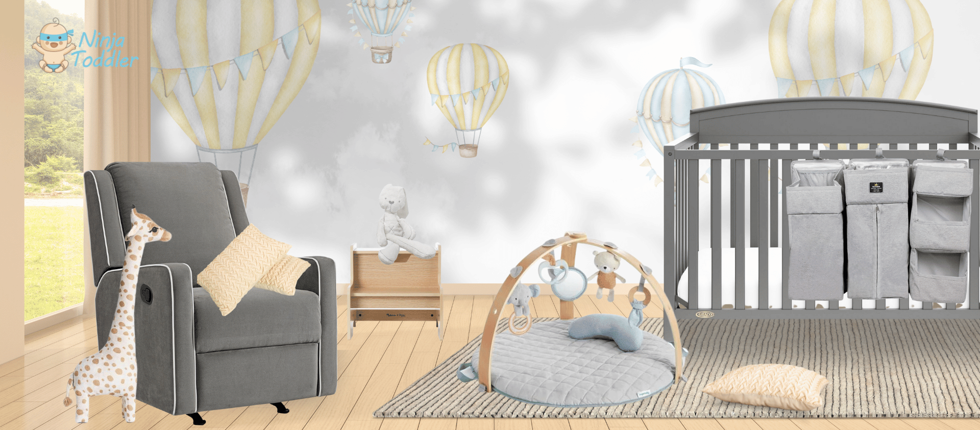 Hot air balloon gender neutral nursery room inspiration, yellow and grey colors | Ninja Toddler