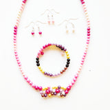 Beaded Jewelry Set Bracelet Memory Wire, Dangle Earrings, Long Necklace by Miguel Carrera Pink Theme WRJ-1014