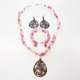 Beaded Jewelry Set Bracelet Memory Wire, Dangle Earrings, and Necklace by Miguel Carrera Pink Theme