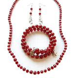 Beaded Jewelry Set Stretch Bracelet Memory Wire, Dangle Earrings, and Necklace by Miguel Carrera Holiday Winter Red