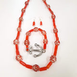 Beaded Jewelry Set Stretch Bracelet Memory Wire, Dangle Earrings, and Necklace by Miguel Carrera Orange Theme WRJ-1031