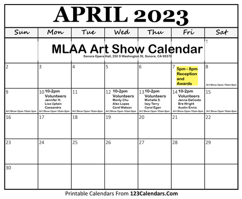 Consumer MLAA Art Show Volunteer Calendar