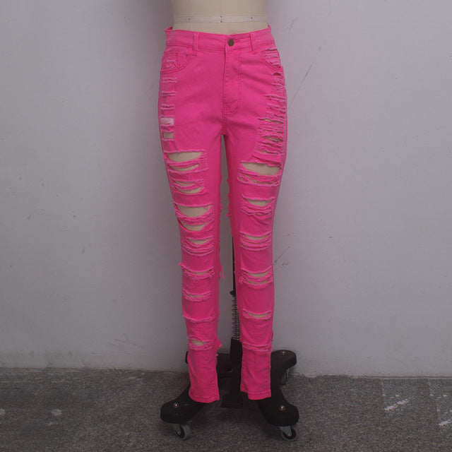 neon pink ripped jeans